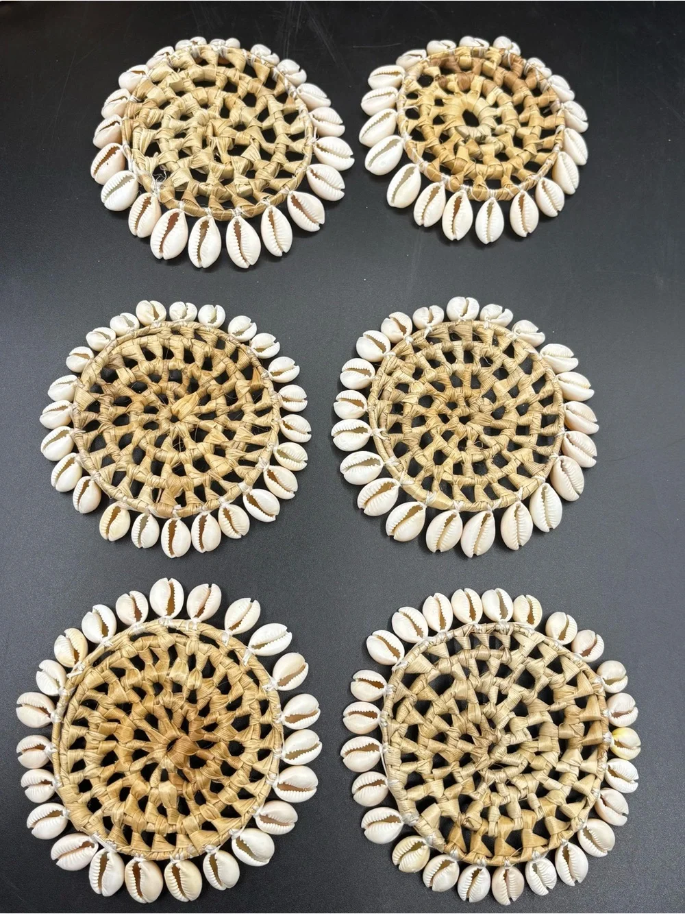 Vintage Coaster Set Hand Woven Straw Palm Basket and Six Cowrie Shell Coasters